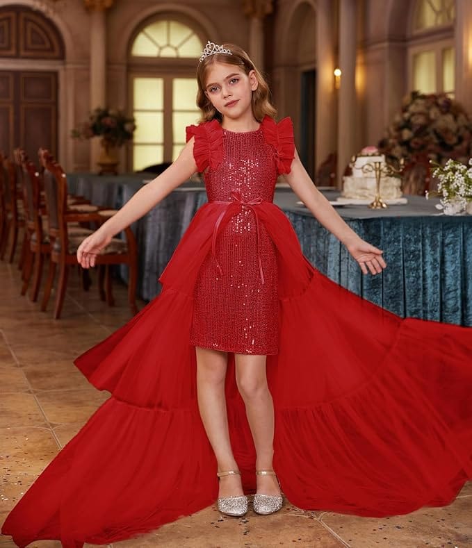 Sunnypetal Shiny Sequin Girls Dresses Party Formal Pageant Tulle Prom Birthday Princess Dress