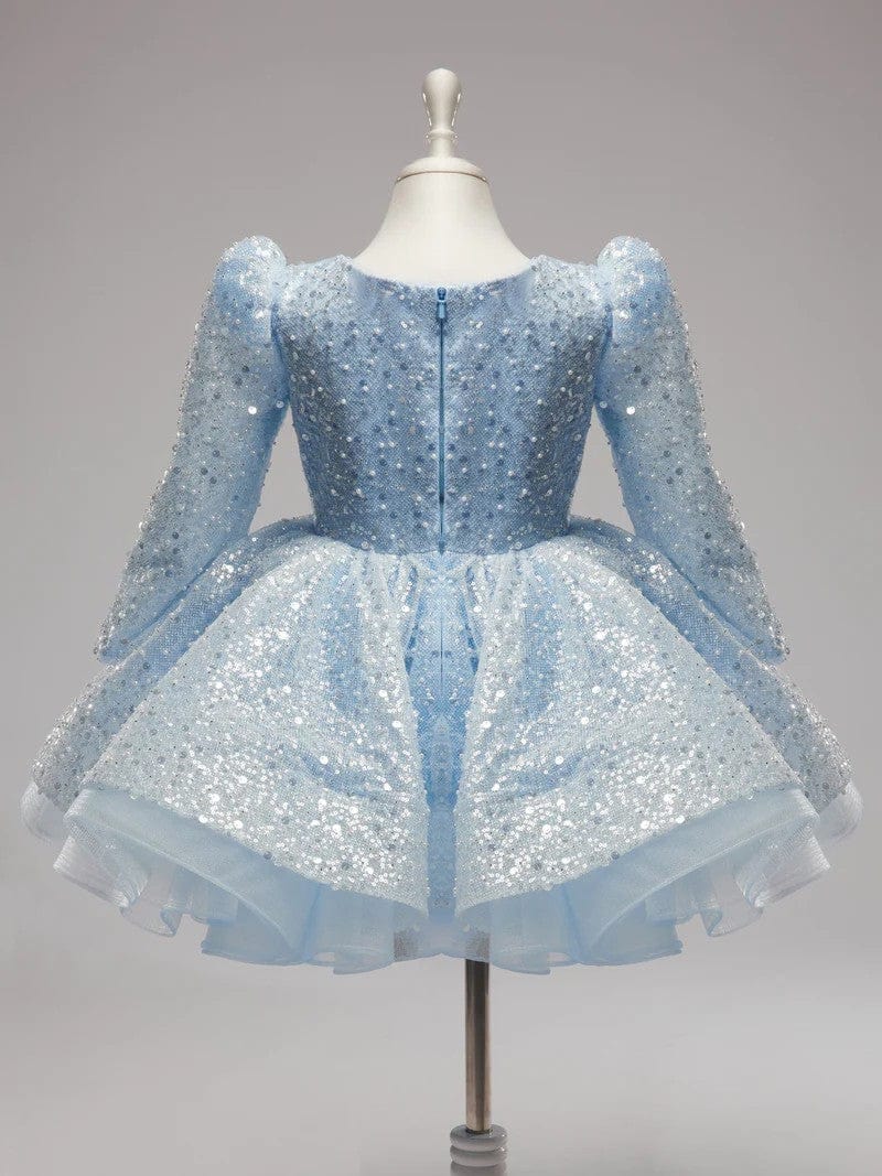 Sunnypetal Shiny Sequins Pearls Blue Long Sleeves Knee-Length Birthday Prom Flower Girl Dresses