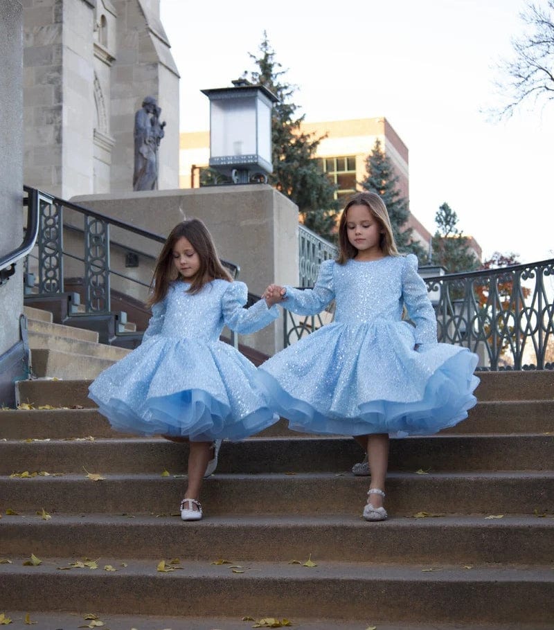 Sunnypetal Shiny Sequins Pearls Blue Long Sleeves Knee-Length Birthday Prom Flower Girl Dresses