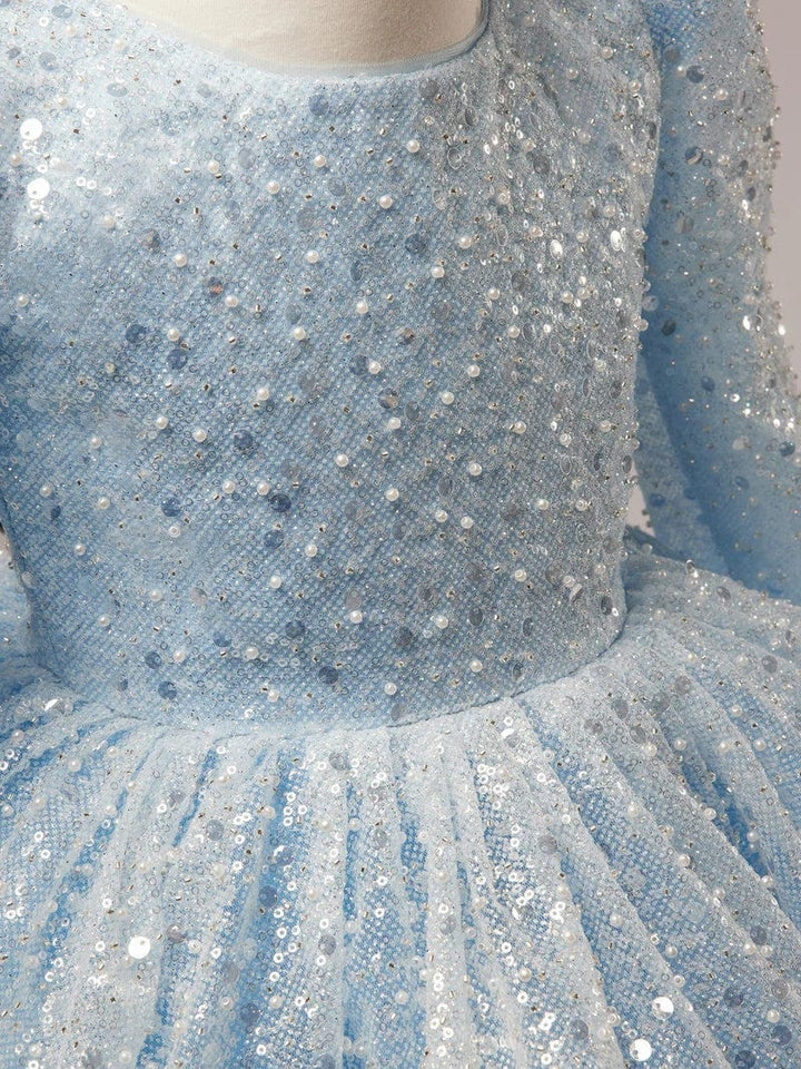 Sunnypetal Shiny Sequins Pearls Blue Long Sleeves Knee-Length Birthday Prom Flower Girl Dresses