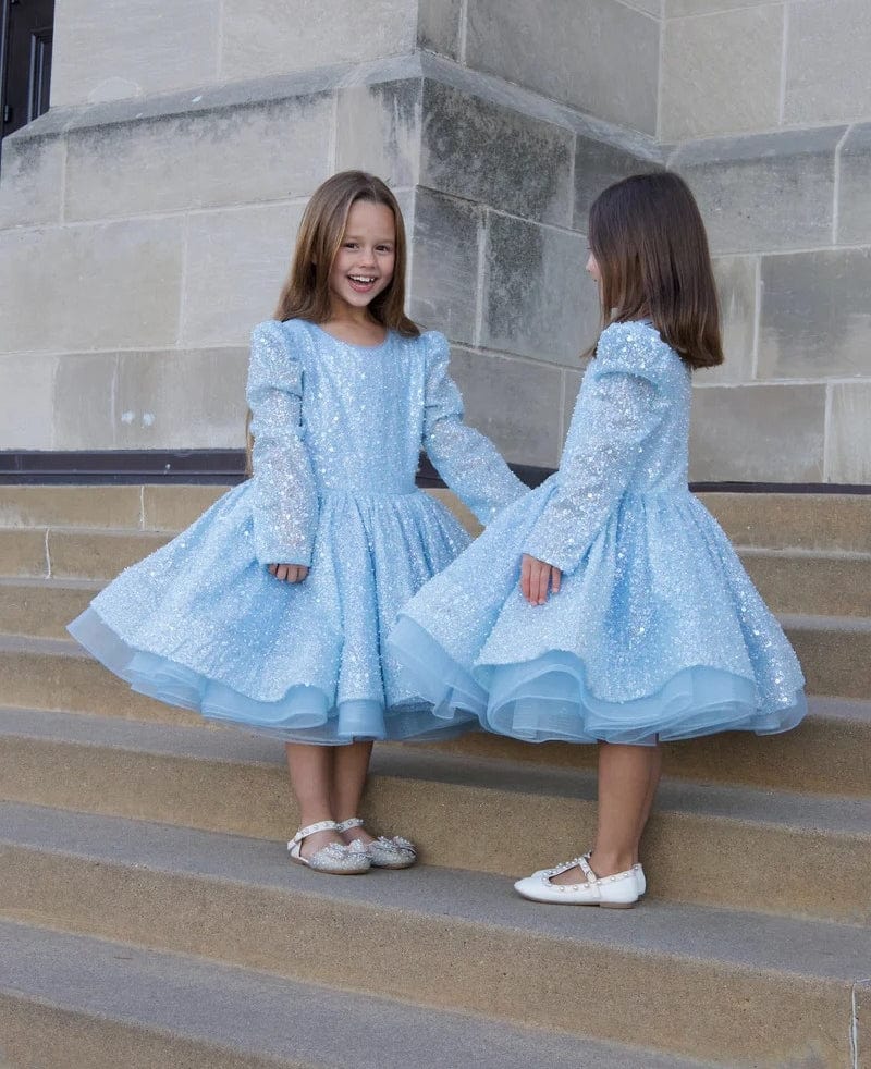 Sunnypetal Shiny Sequins Pearls Blue Long Sleeves Knee-Length Birthday Prom Flower Girl Dresses