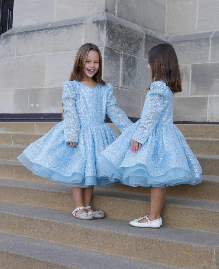 Sunnypetal Shiny Sequins Pearls Blue Long Sleeves Knee-Length Birthday Prom Flower Girl Dresses