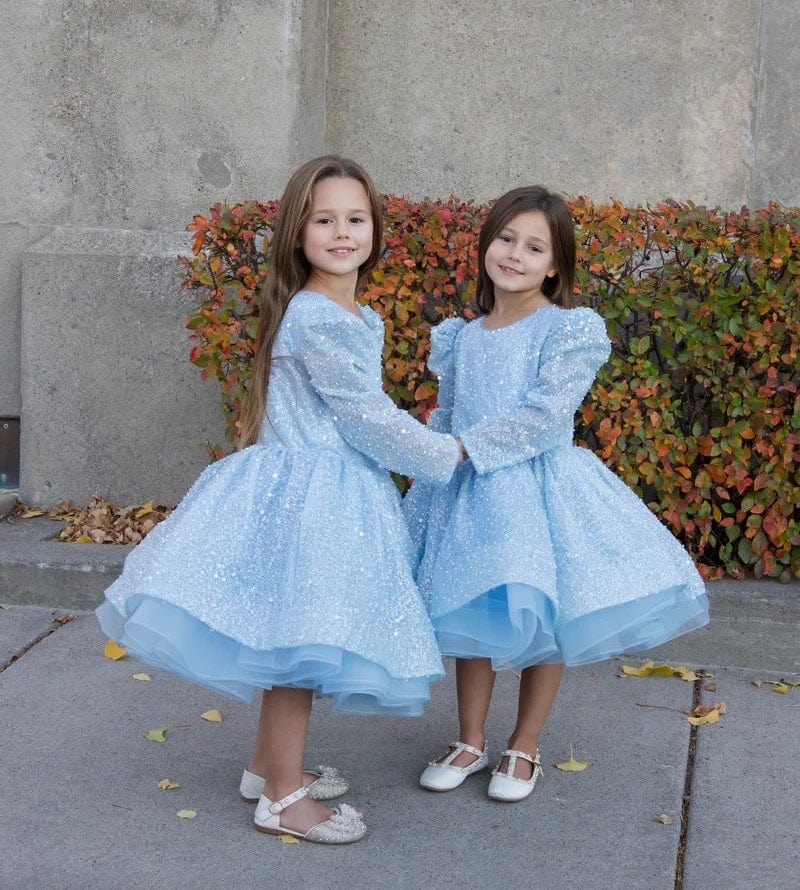 Sunnypetal Shiny Sequins Pearls Blue Long Sleeves Knee-Length Birthday Prom Flower Girl Dresses