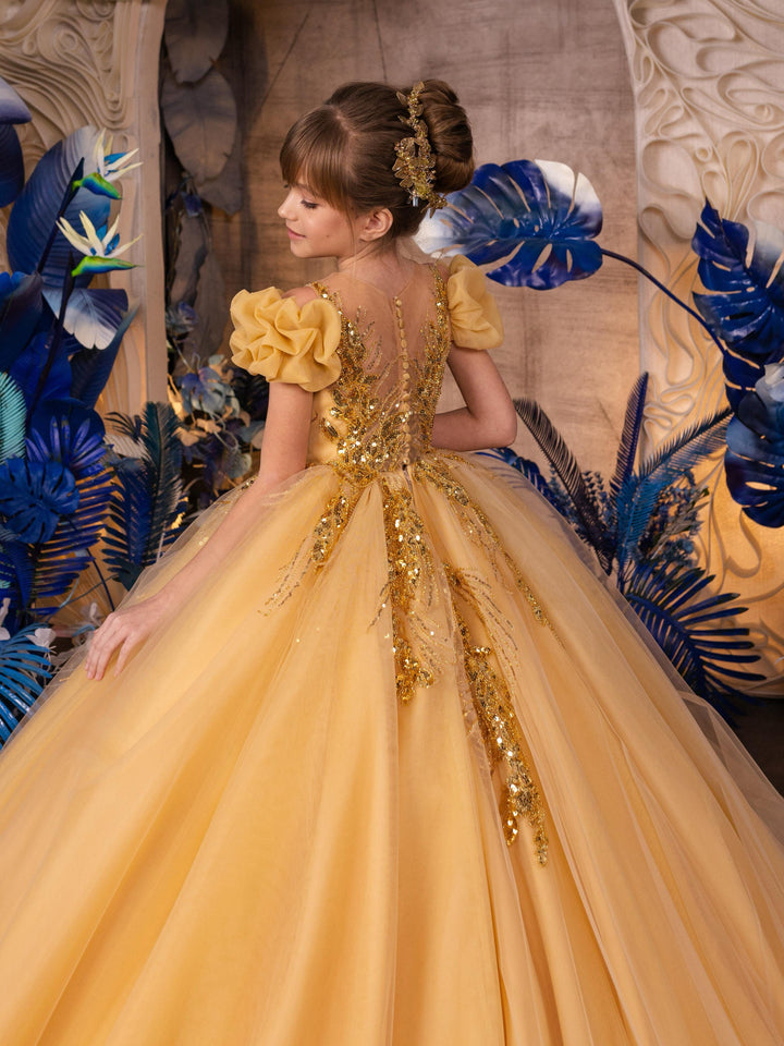 Sunnypetal Shiny Sequins Tulle Ruffles Flower Girl Dresses Puff Sleeves Long Princess Ball Gown