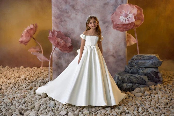 Sunnypetal Short Sleeves Bow Satin Flower Girl Dresses for Wedding Communion Gown