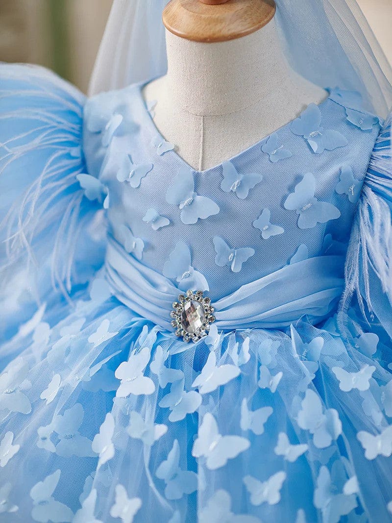 Sunnypetal Short Sleeves Feather Tulle Knee-Length Birthday Party Baby Girl Dress