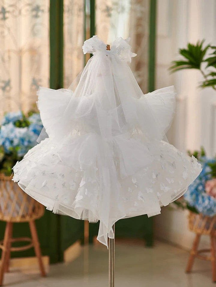 Sunnypetal Short Sleeves Feather Tulle Knee-Length Birthday Party Baby Girl Dress