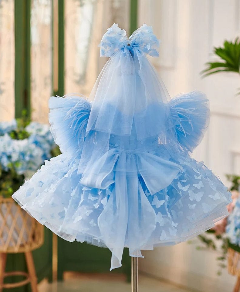 Sunnypetal Short Sleeves Feather Tulle Knee-Length Birthday Party Baby Girl Dress