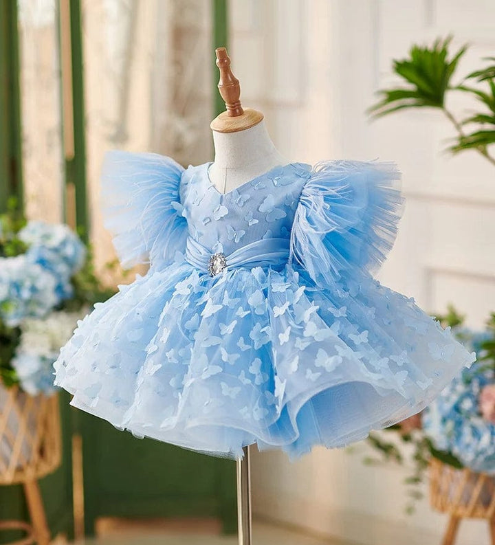 Sunnypetal Short Sleeves Feather Tulle Knee-Length Birthday Party Baby Girl Dress