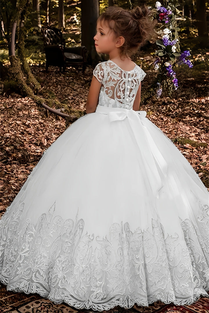 Sunnypetal Short Sleeves Lace Floor-Length Flower Girl Dress Ball Gown Tulle With Beads