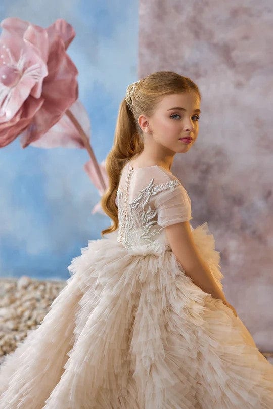 Sunnypetal Short Sleeves Long Princess Tulle Flower Girl Dresses Communion Gown