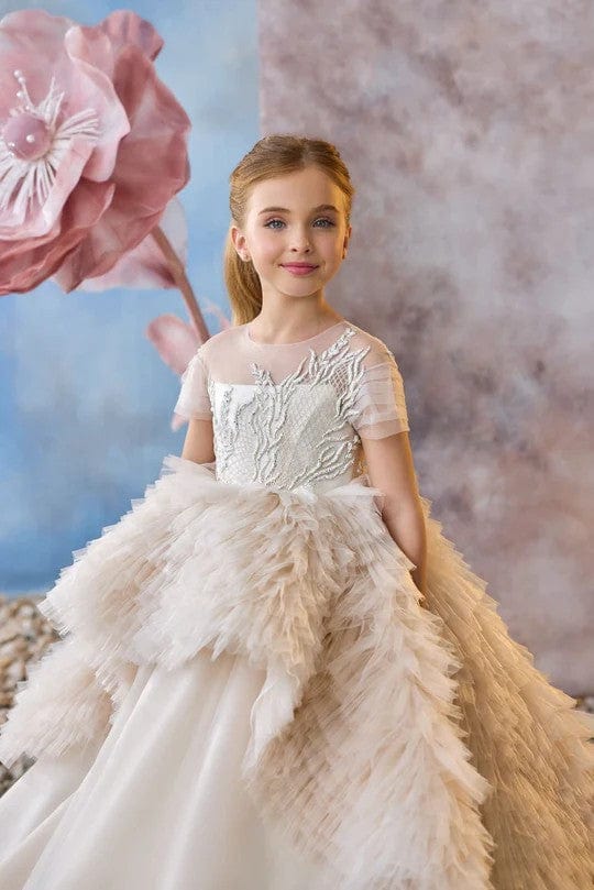 Sunnypetal Short Sleeves Long Princess Tulle Flower Girl Dresses Communion Gown