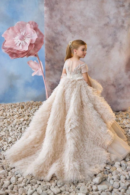 Sunnypetal Short Sleeves Long Princess Tulle Flower Girl Dresses Communion Gown