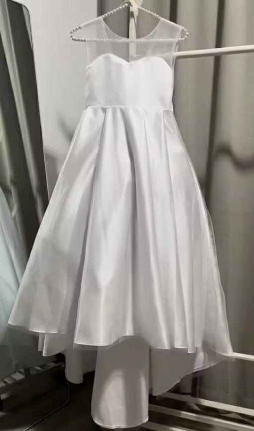 Sunnypetal Simple White Child Flower Girl Dresses Tulle Satin Bow First Communion Gown