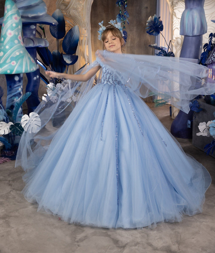 Sunnypetal Sky Blue Cloak Sleeves Tulle Sequins Long Ball Gown Flower Girl Dress