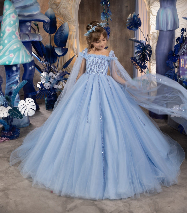 Sunnypetal Sky Blue Cloak Sleeves Tulle Sequins Long Ball Gown Flower Girl Dress