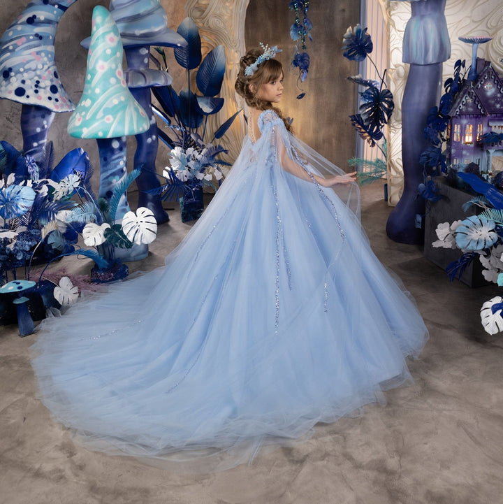 Sunnypetal Sky Blue Cloak Sleeves Tulle Sequins Long Ball Gown Flower Girl Dress