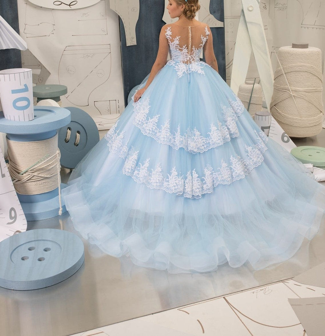 Sunnypetal Sky Blue Long Lace Appliques Tulle Tiered Princess Flower Girl Dress