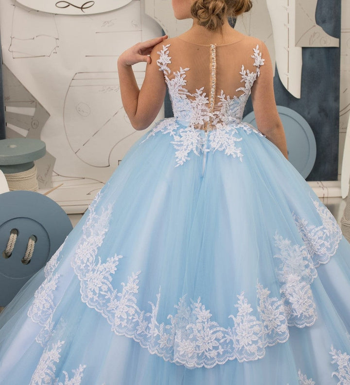 Sunnypetal Sky Blue Long Lace Appliques Tulle Tiered Princess Flower Girl Dress