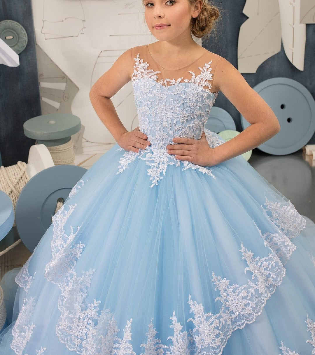 Sunnypetal Sky Blue Long Lace Appliques Tulle Tiered Princess Flower Girl Dress