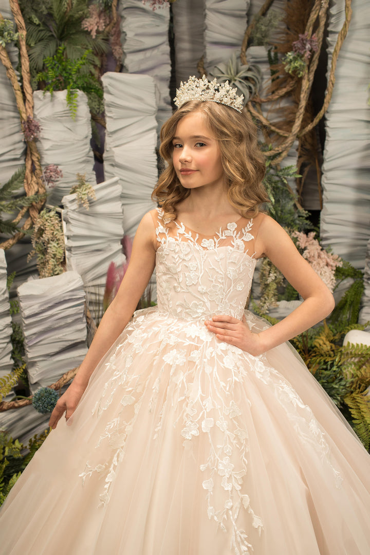 Sunnypetal Sleeveless Appliques Tulle Flower Girl Dresses Floor-Length Wedding Pageant Gown