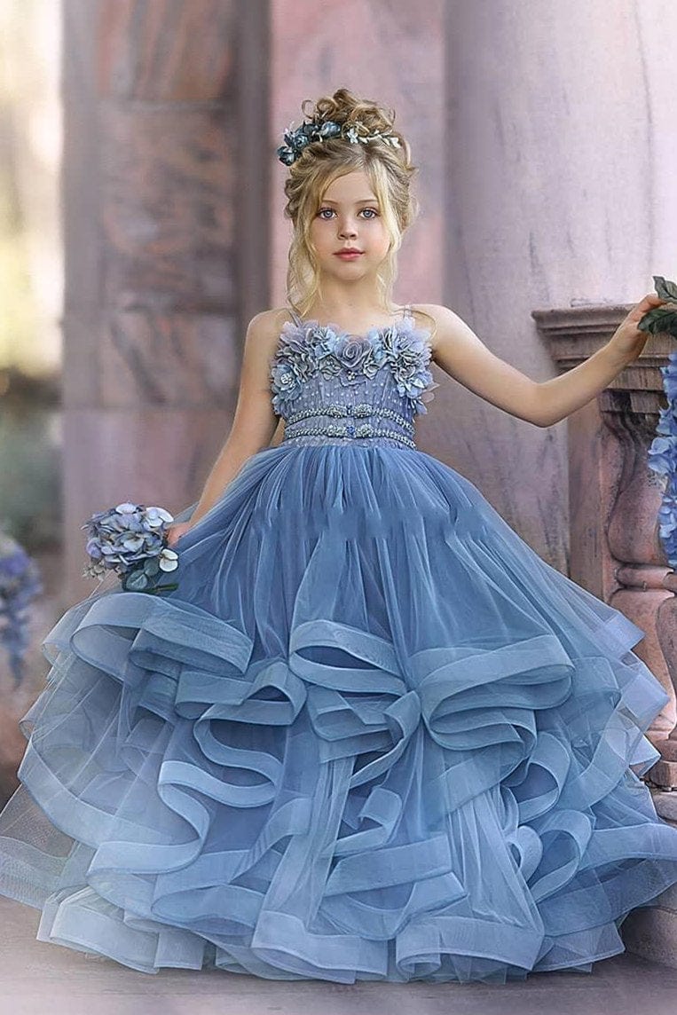 Sunnypetal Sleeveless Spaghetti Straps Floor-Length Flower Girl Dresses Tulle Pageant Gowns