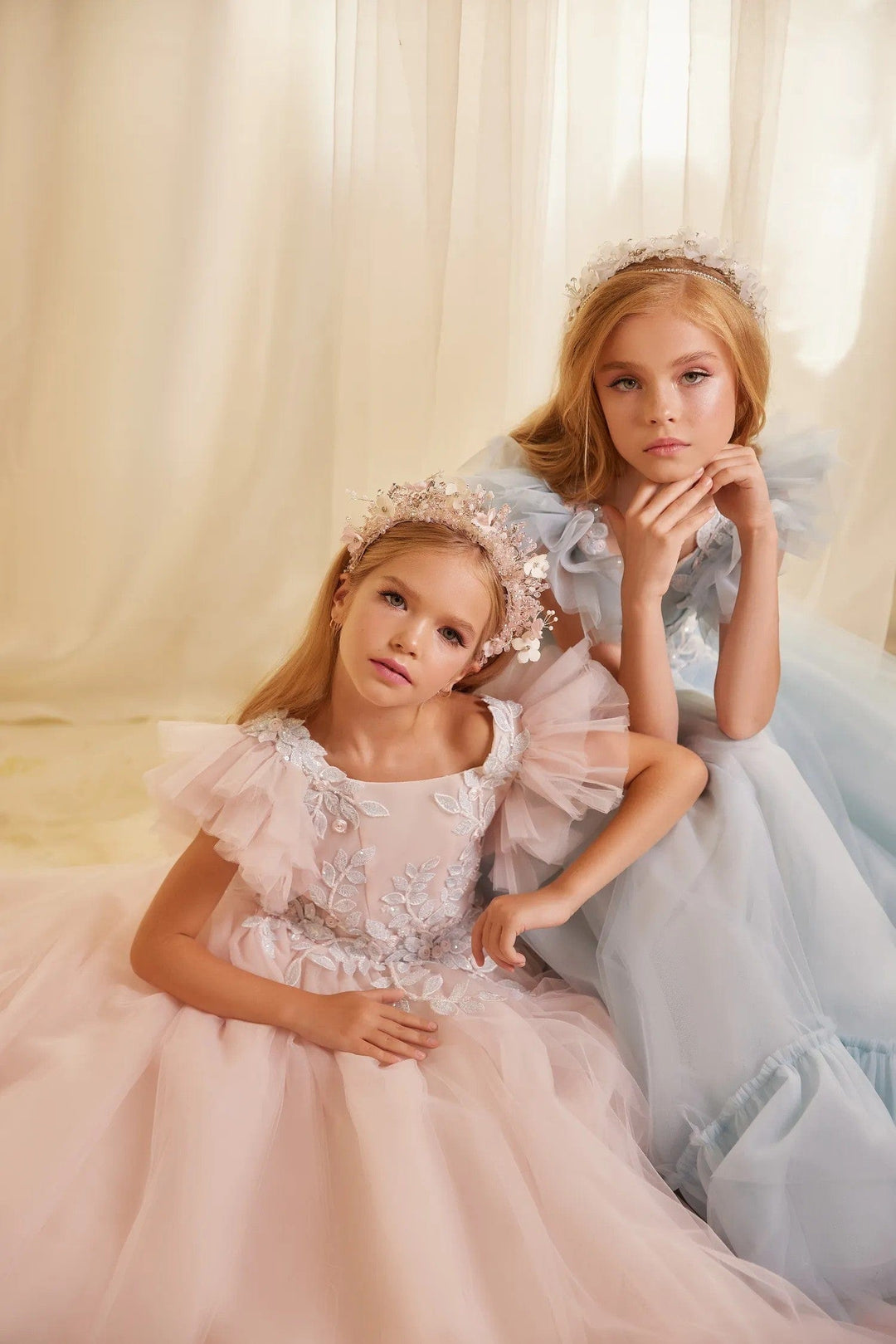 Sunnypetal Square Neck Tulle Ruffles Dress Appliques Sequins Ball Gown Flower Girl Dresses