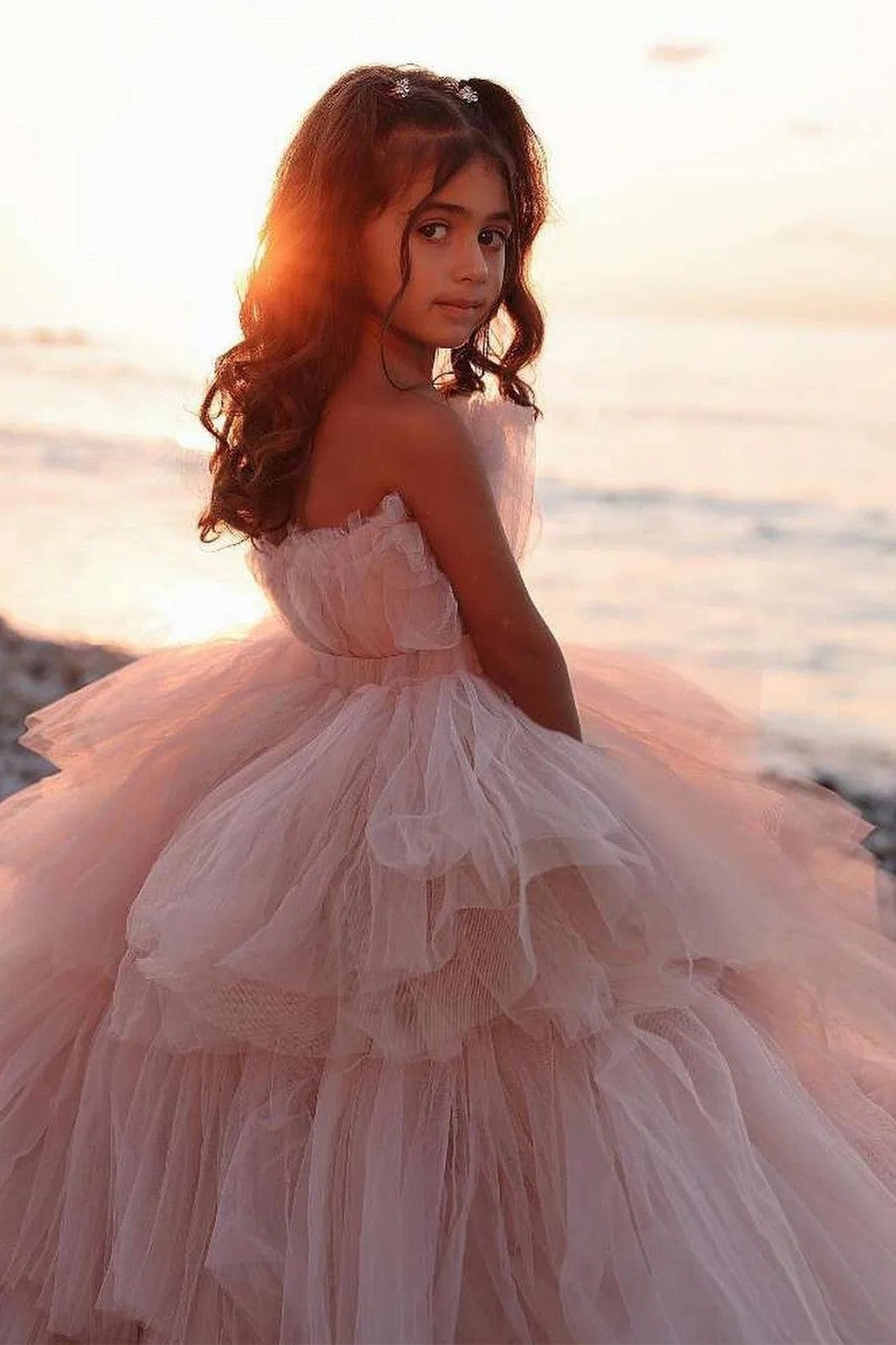 Sunnypetal Strapless Dusty Rose Tulle Train Flower Girl Dress With Bow Belt