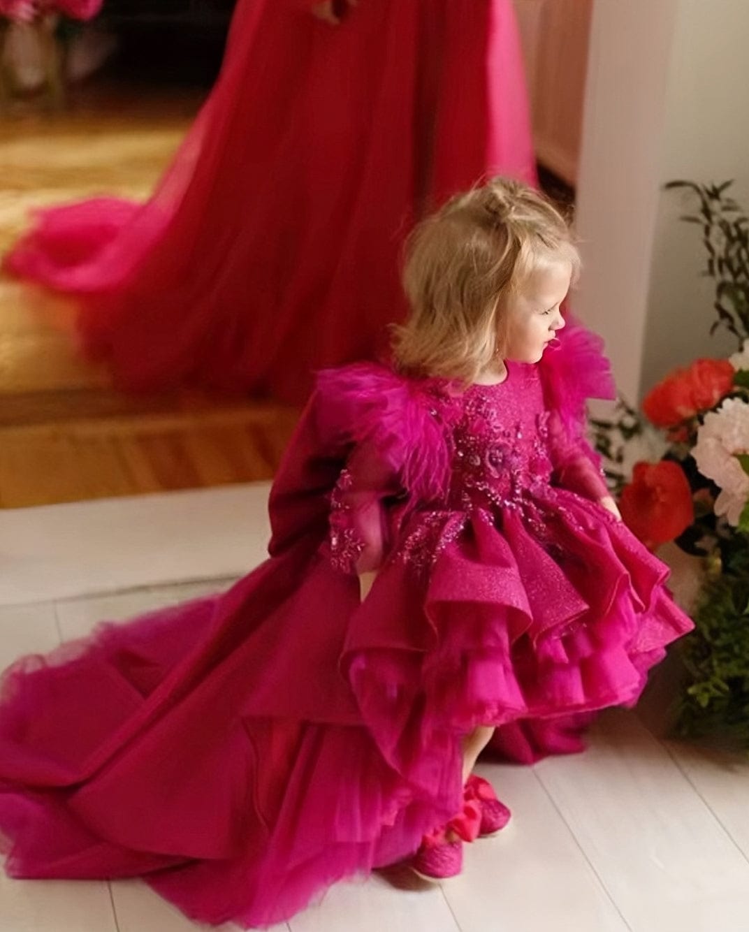 Sunnypetal Toddler Baby Girl Birthday Dress Big Bow Long Sleeves Feather Princess Dresses with Train