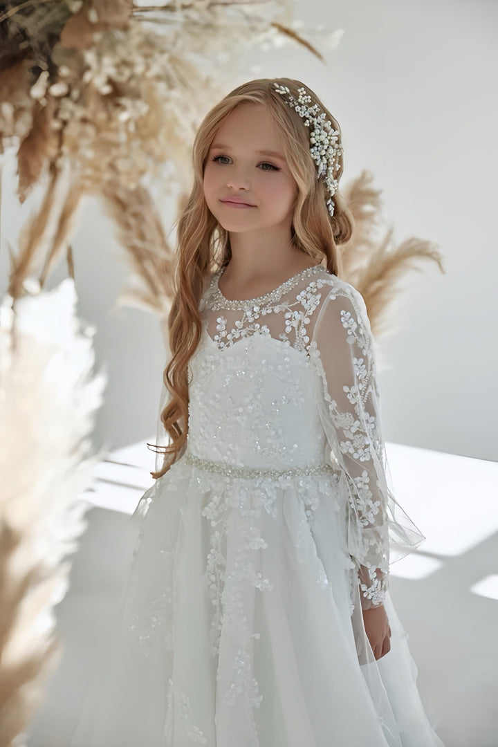 Sunnypetal Tulle and Lace Appliques White Sequins Long Sleeves Communion Dress