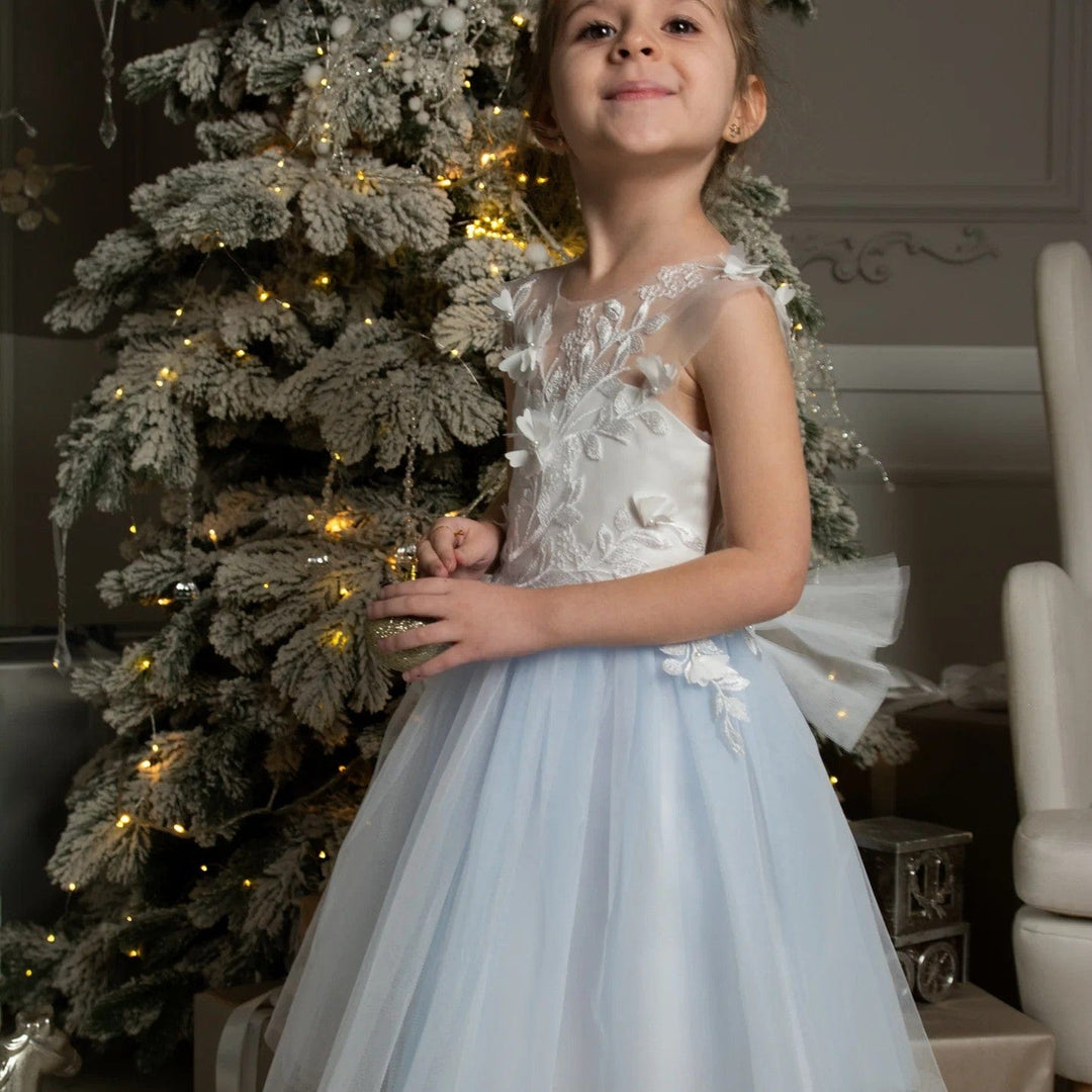 Sunnypetal Tulle Applique Sleeveless Knee-Length Kids Flower Girl Dress with 3D Floral/Bow