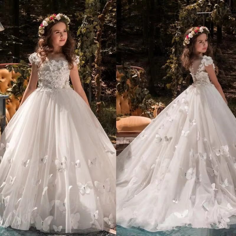 Sunnypetal Tulle Appliques Flower Girl Dresses 3D Floral Butterfly Floor-Length Dress