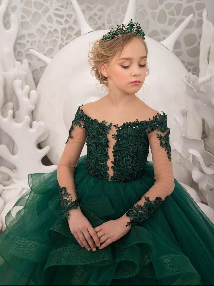 Sunnypetal Tulle Lace Flower Girl Dress Long Sleeves Princess Gowns With Sequins