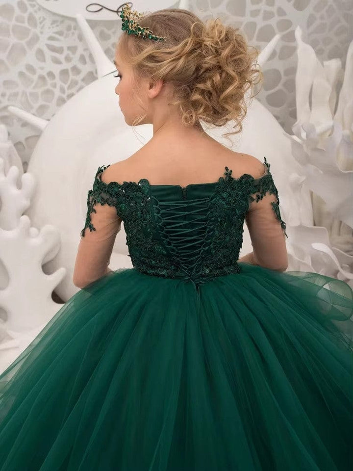 Sunnypetal Tulle Lace Flower Girl Dress Long Sleeves Princess Gowns With Sequins