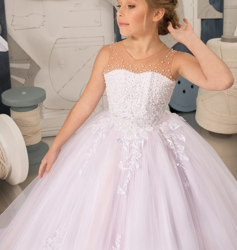 Sunnypetal Tulle Long Appliques Princess Flower Girl Dresses With Beading