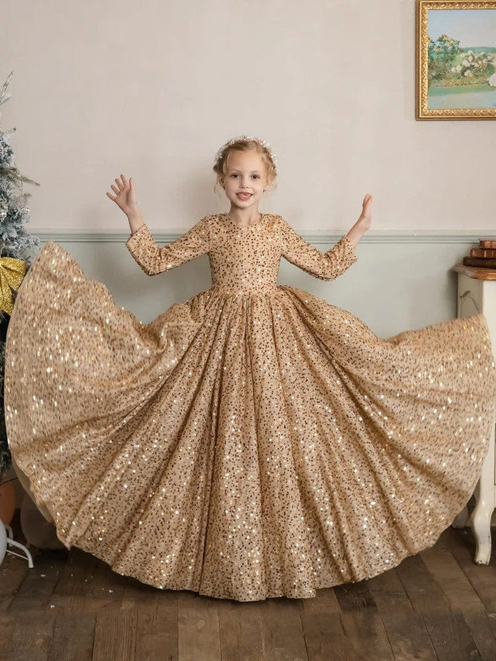 Sunnypetal Velvet Sequins Long Sleeves Floor-Length Princess Flower Girl Dresses