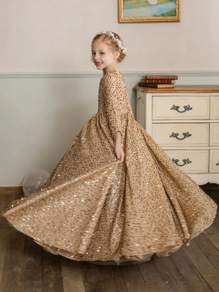 Sunnypetal Velvet Sequins Long Sleeves Floor-Length Princess Flower Girl Dresses