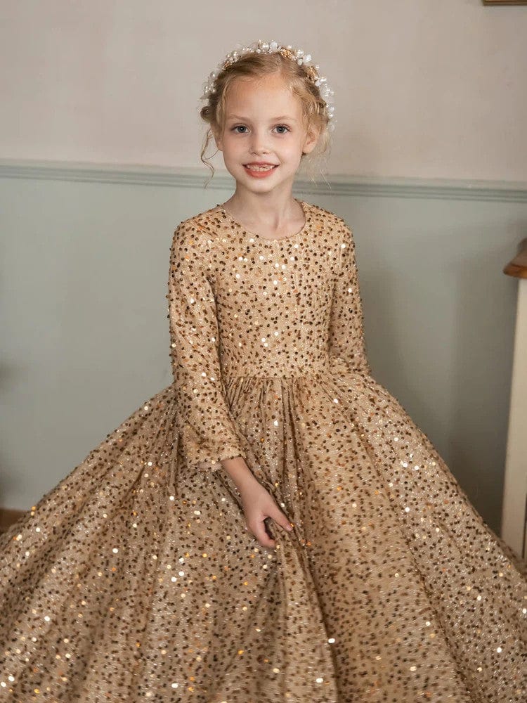 Sunnypetal Velvet Sequins Long Sleeves Floor-Length Princess Flower Girl Dresses