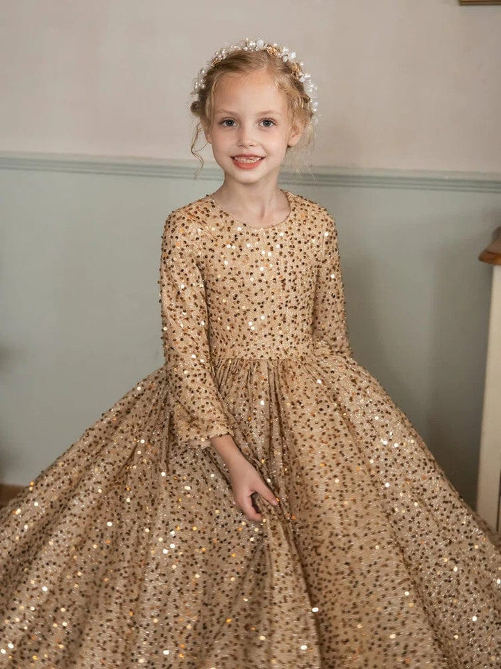 Sunnypetal Velvet Sequins Long Sleeves Floor-Length Princess Flower Girl Dresses