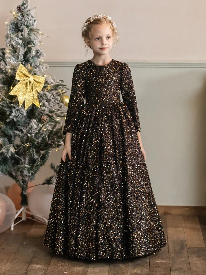 Sunnypetal Velvet Sequins Long Sleeves Floor-Length Princess Flower Girl Dresses