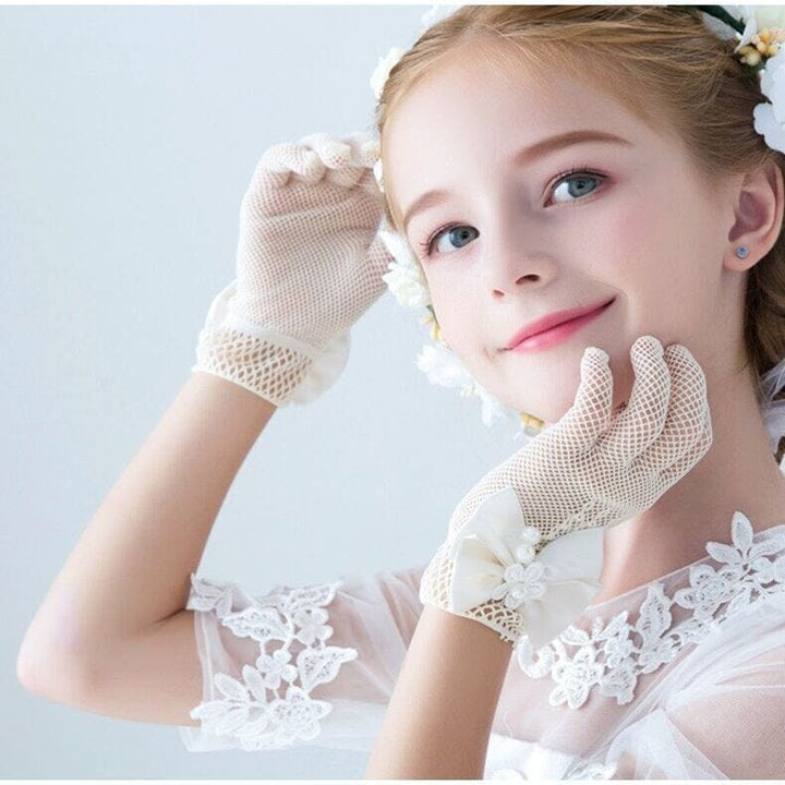 Sunnypetal Wedding Flower Girls Mittens Pearl Bow Tie Fish Net Gloves