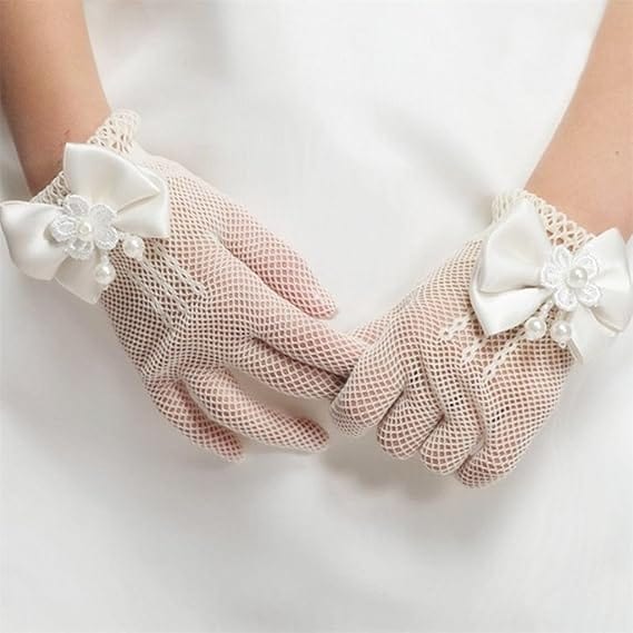 Sunnypetal Wedding Flower Girls Mittens Pearl Bow Tie Fish Net Gloves