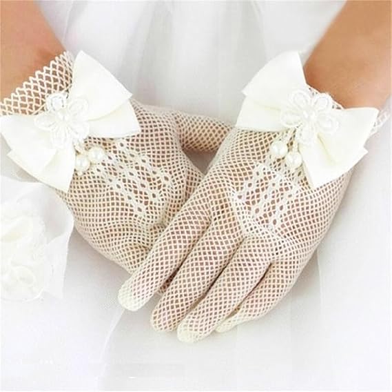 Sunnypetal Wedding Flower Girls Mittens Pearl Bow Tie Fish Net Gloves