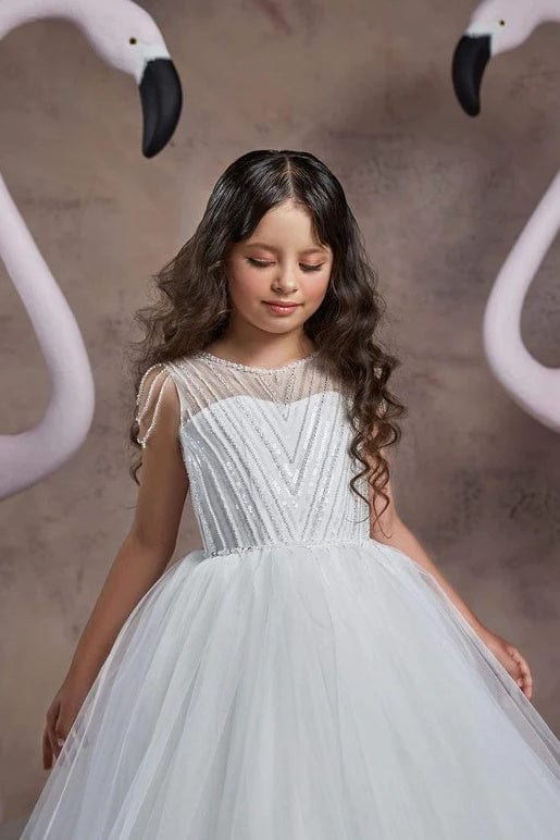 Sunnypetal White Ball Gown Flower Girl Dress Sparkly Sequins Top Communion Dresses