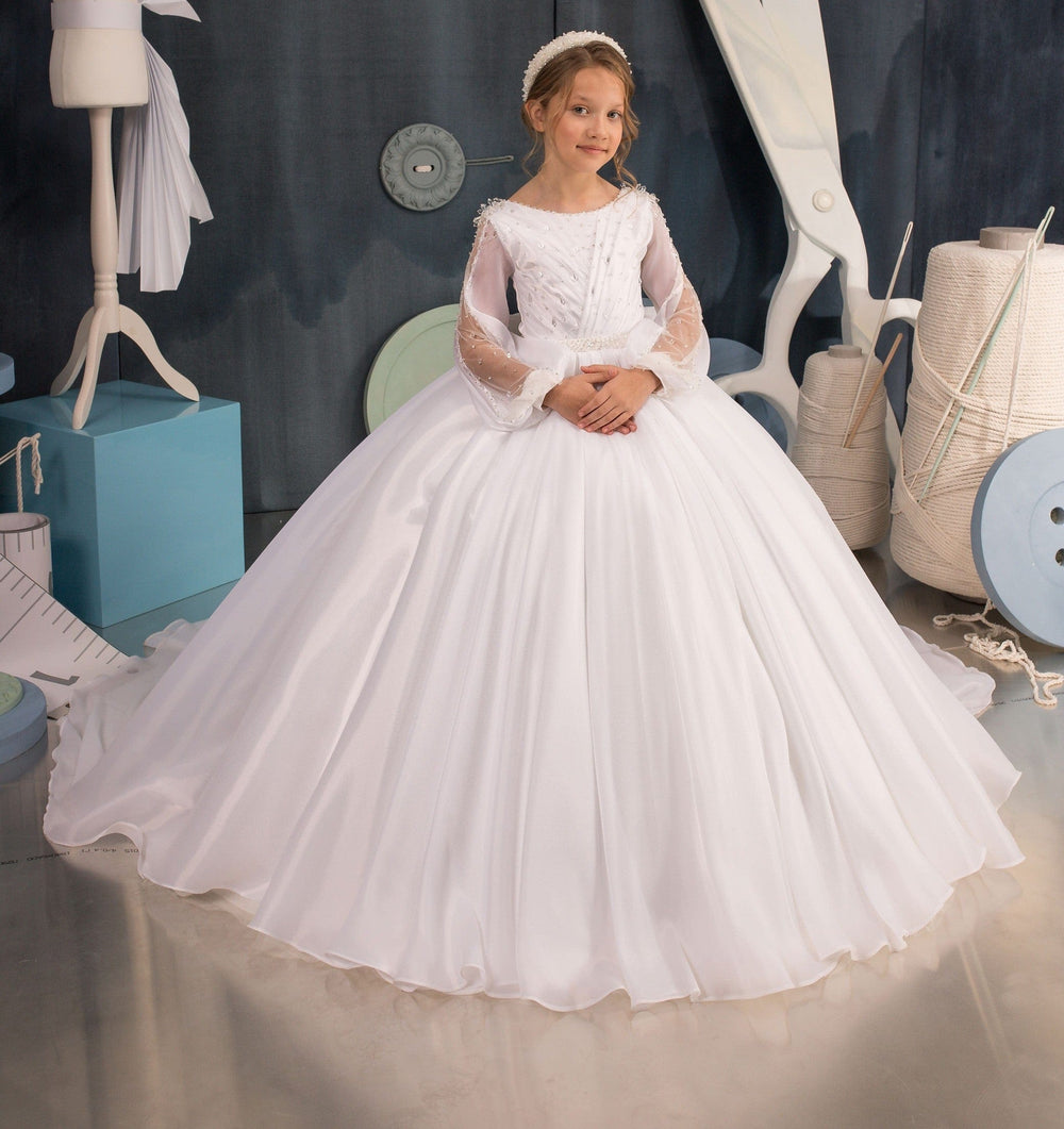 Sunnypetal White Ball-Gown Tulle Long Sleeves Flower Girls Dress With Jewel Bow