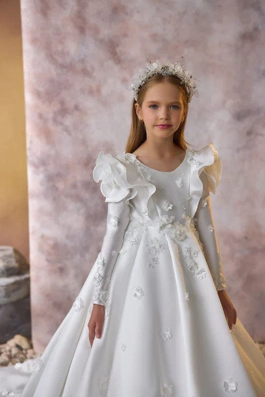 Sunnypetal White Exquisite Satin Flower Girl Dresses Long Sleeves Communion Dress With 3D Floral