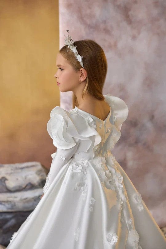 Sunnypetal White Exquisite Satin Flower Girl Dresses Long Sleeves Communion Dress With 3D Floral