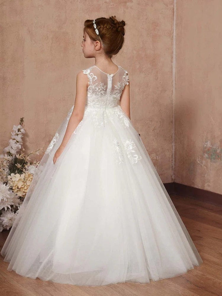 Sunnypetal White Flower Girl Ball Gown Dress Tulle Sleeveless Floor-Length First Communion Dresses