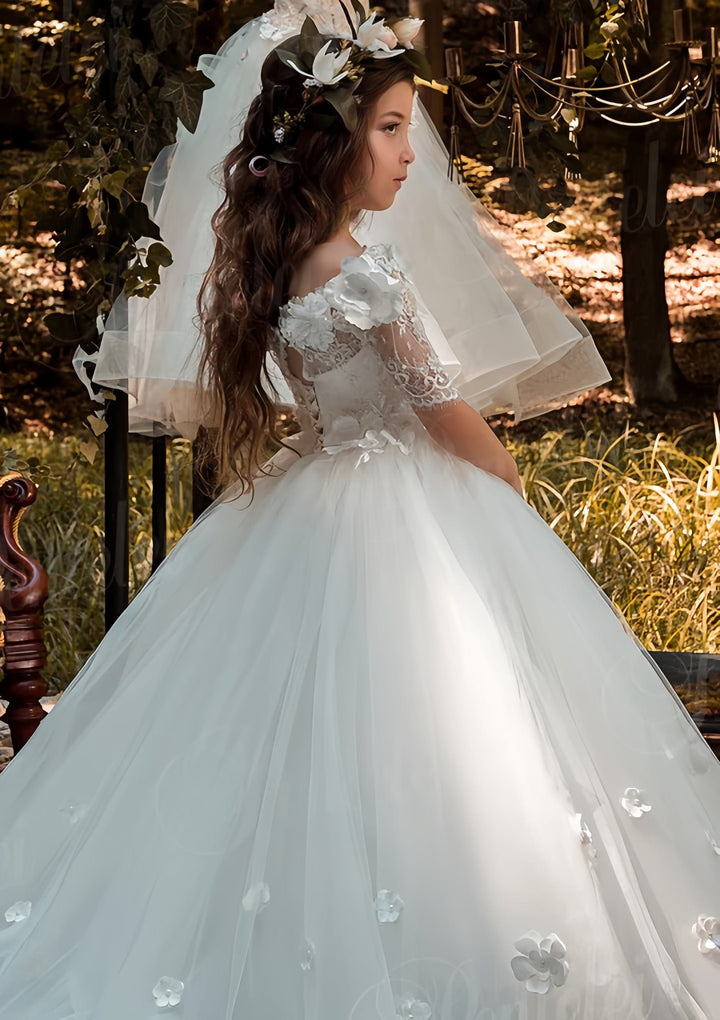 Sunnypetal White Lace Half Sleeves Off the Shoulder Tulle Flower Girl Dress With 3D Floral