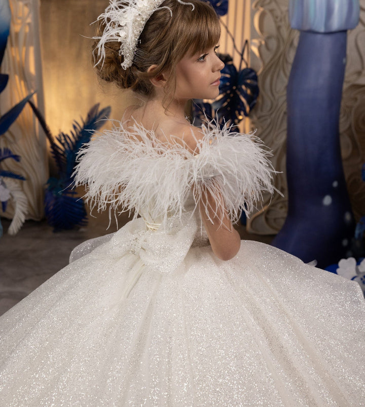 Sunnypetal White Luxury Flower Girl Dress Feather Off Shoulder Tiered Beaded Shiny Tulle Dress